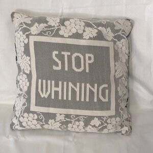 “STOP WHINING” white lace & cross stitch embroidered needlepoint accent pillow
